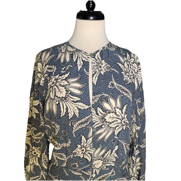 H&M Women's Size Medium Dusty Blue Paisley Long Sleeve Collared Midi Dress NWT - Picture 2 of 8